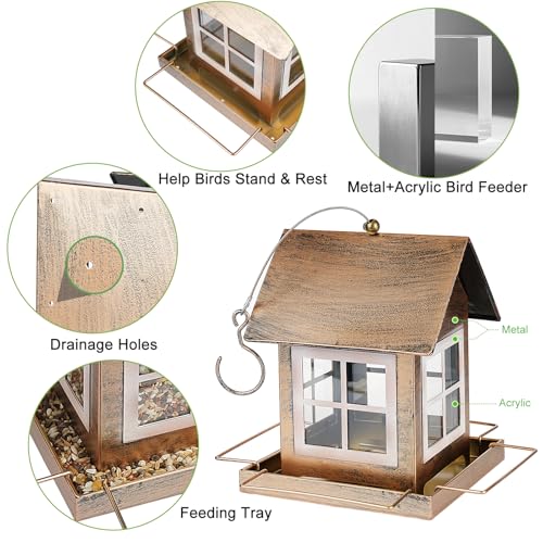 Bird Feeder, Waterproof Bird Feeders for Outdoor Hanging | Heavy Duty Metal, 3LB Large Capacity, 4 Perches, Drain Holes, For Outside Garden Yard Country Hanging, House Shape - size: Standard