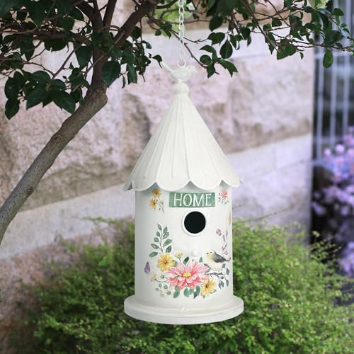 Metal Hanging Birdhouses for Outdoors Bird Houses for Outside Unique Bird Nest for Bluebird Wren Chickadee Sparrow Bird Nest Box for Garden Patio - color: White A