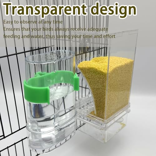 Automatic No Mess Bird Feeder Water Dispenser Set | Acrylic Transparent Parakeet Cage Accessories Bird Feeder and Waterer in Cage for Small and Medium Cockatiel Finche Lovebird - color: Transparent + Green