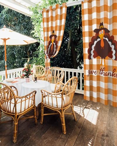 Outdoor Curtains for Patio, Thanksgiving Turkey Waterproof Blackout Outside Curtain for Porch/Pergola/Gazebo, Fall Orange Farmhouse Plaid Thermal Insulated Drapes for Cabana, 1 Panel, 54 x 95 Inch - size: 54"W x 95"L (Pack of 1)