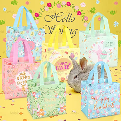 Aviski 12PCS Happy Easter Egg Hunt Bags Bunny Carrot Chick Egg Gift Bag with Handles, Easter Treat Bags, Non-Woven Gifts Wrapping, Spring Party Supplies - color: Foil Green Pink Blue Yellow