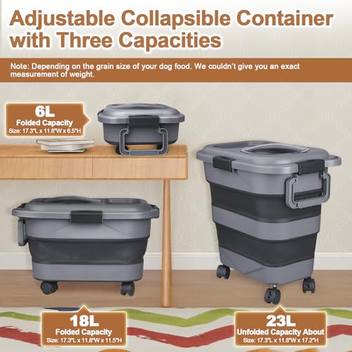 Dog Food Storage Container，2 Pack 25 lbs Airtight Collapsible Cat Food Storage Container with Attachable Wheels, Portable Handle, Dog Food Scoop for Dog Cat Bird Pet Dry Food Storage Bin Large - color: Dark Grey, size: Large 2 Pack