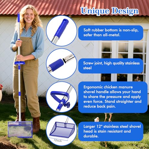 VEEMI Chicken Poop Scooper Rake 2-in-1,304 Stainless Steel Shovel Head, Chicken Litter Scoop with Handle for Chicken Coop for Sand, Pet Waste Cleaning, Litter Sifting Shovel (35 to 65")