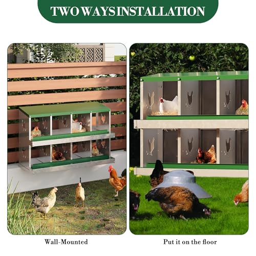 Galvanized Steel Chicken Nesting Box 8 Grids, Metal Egg Laying Boxes for Hens with Hinged Lid and Ventilated Design, Easy Clean Poultry Nest Box for Chicken Coop Accessories, Green, No Legs - color: Green, size: 8 Holes no Legs
