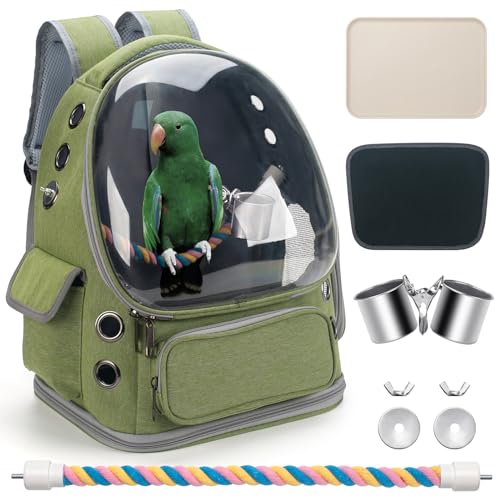 Bird Backpack Carrier Travel Cage with Perch, Tray and Breathable Clear Window, Bird Travel Cage for Cockatiel Caique Conure Quaker, for Vetting Camping Hiking (Green) - color: Green