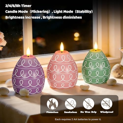 3PCS Easter Egg Flameless Candles – 5.2" Battery Operated LED Egg Candles with White Wave Pattern, Green Purple Pink Real Wax Finish, Flickering Flame for Easter Table Centerpiece Spring Home - color: purple, pink, green