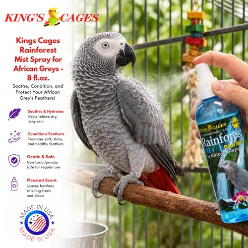 King's Cages Rainforest Mist Spray 8 oz. African Grey Pk2 Feather Conditioning Spray with Baby Powder Scent for Medium Bird Breeds Skin Relief and Plumage Care (Pack of 2) - size: Pack of 2