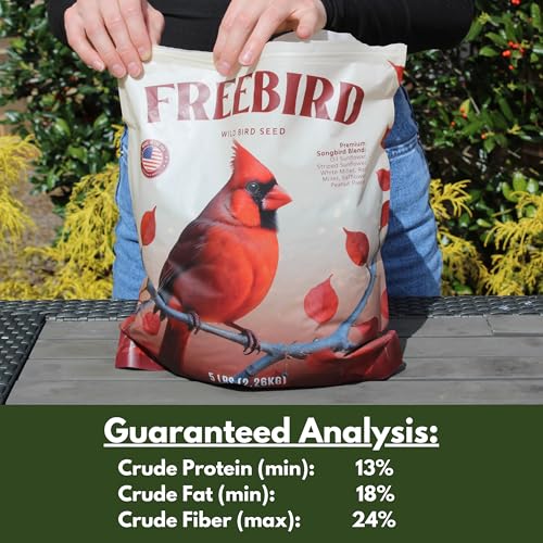Freebird Premium Songbird Blend Wild Bird Seed for Outdoor Feeders - 5 lb | Premium bird food with black oil sunflower, safflower, millet and peanut pieces. Attracts cardinals, finches and chickadees.