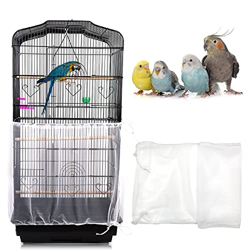 Daoeny Universal Bird Cage Cover, Adjustable Parrot Nylon Airy Soft Mesh Net, Seed Feather Catcher, Birdcage Cover Skirt Sheer Guard for Parakeet Macaw Round Square Cages (White) - color: White