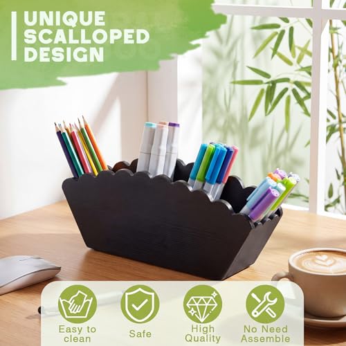 Jetec Scalloped Black Wooden Pencil Holder, Wooden Desk Organizer with 4 Compartment for Pens, Markers, Makeup Brushes, Remote Controls, Silverware, Decorative Cute Desktop Organizer for Office Home - color: Black