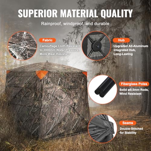 VEVOR Hunting Blind，See Through Ground Blinds with Carrying Bag, 360 Degree Portable Camouflage Tent，Durable Concealed Shelter with Silent Side Door and Window, for Turkey and Deer - size: 4-5 Person（270°See Through) (H-69''）