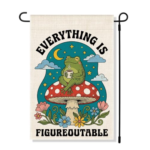 RZHV Everything is Figureoutable Double-Sided Garden Flag for Outdoor House Yard Sign Garden Decor Parade, Mushrooms Frog Vertical Yard Sign, Housewarming Gifts for Frog Lover Friends Neighbor - color: Figureoutable