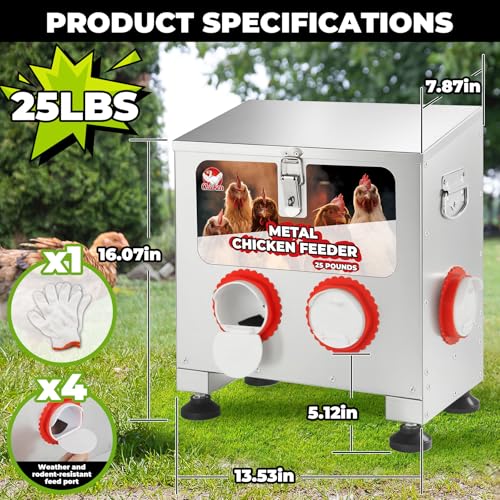 Chicken Feeder 25LBS,4-Port Metal Poultry Feeder for Chickens, Poultry Coop | No Waste with Locking Lid&Riveted Handles,Adjustable Height,Large Capacity Rainproof Automatic Chicken Feeders - size: 25lbs