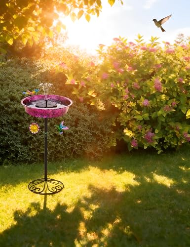 Pedestal Bird Bath for Outdoors - Metallic Purple & Blue 11.5” Metal Birdbath Bowl & Feeder Freestanding Garden Decor Yard Art (26” Tall, 0.7 Gallon)