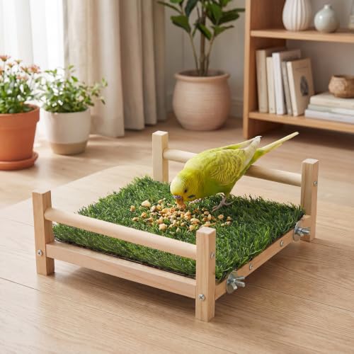 AceOrbit Bird Foraging Bed with Grass Mat 9.06 x 7.87 x 3.94 Inch Parrot Foraging Toy Hammock Bed Wood Frame Easy Install with Hardware Kit for Small Birds Cage Enrichment