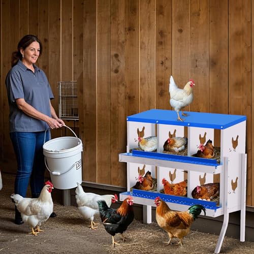 6 Compartment Galvanized Metal Chicken Nesting Box with Support Legs, Easy Install & Clean Roll Out Egg Laying Boxes for Backyard Chicken Coop, Anti-Rust Egg Protection Nest - color: Blue, size: 6 holes with legs