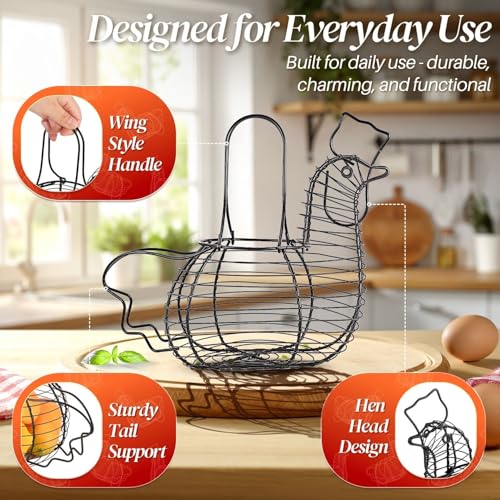 Flexzion Chicken Egg Holder, Black, Rectangular Wire Basket with Handle for Eggs, Fruits, Vegetables, Countertop, Farmhouse Rustic Style - size: Medium Chicken Basket