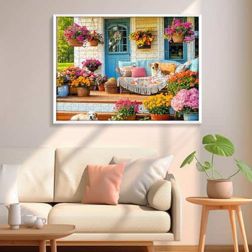300 Piece Puzzles for Adult, Colorful Flower and Cute Puppy Jigsaw Puzzle - style: House and Puppy