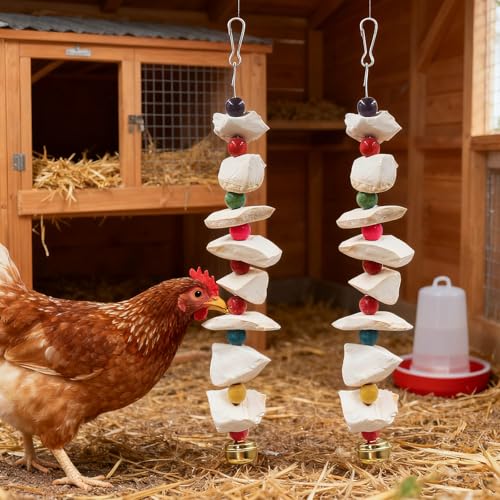 2-Pack Chicken Pecking Toys with Cuttlebone & Bell – Hanging Poultry Enrichment for Hens, Ducks & Geese | Calcium Supplement & Boredom Relief Activity