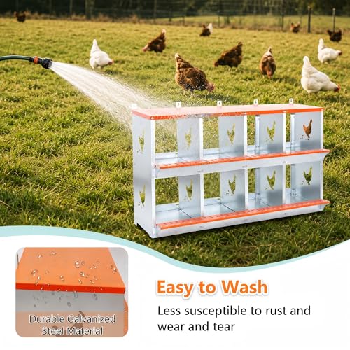 8-Bay Metal Nest Box for Chickens Wall Mount, Galvanized Steel Hen Nesting Box with Vent Holes, Easy to Clean & Assemble, Includes Coconut Fiber Pad, Orange/Silver - size: 42.5” L x 17” W x 25” H