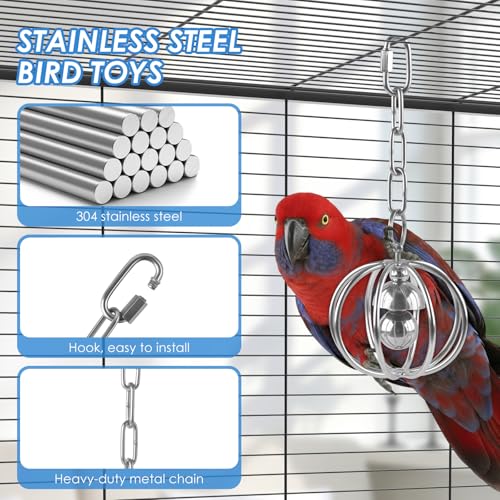 DBNESS Heavy-Duty Stainless Steel Bird Toy for Parrots, Durable Hollow Foraging Ball with Detachable Chain, Chew-Proof Parakeet Training Toys for Macaws, Amazons, Eclectus, African Greys, Cockatoos