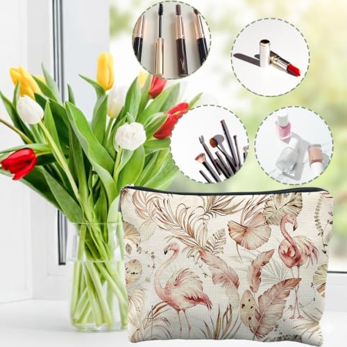 Boho Tropical Flamingo Beach Canvas Makeup Bag Gifts for Women | Flamingo Lover Gifts, Neutral Bird Palm Leaves Canvas Cosmetic Bag Beach Bags Travel Toiletry Zipper Pouch Storage Organizer - color: Flamingo