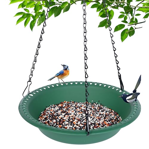 Hanging Bird Feeder Tray with Drainage Holes for Outside, Rugged Recycled Plastic Wild Bird Feeding Station (10 inch, Green) - color: Green, size: 10 inch