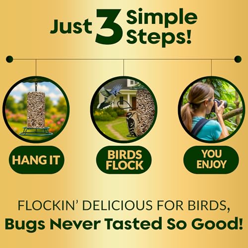 Bugs, Nuts & Berries Bird Seed Cylinders with Hole, Mealworms, 6" x 7.75" | Protein Rich Wild Bird Food with Mealworms, Cylinder Bird Seed, Attracts a Variety of Wild Birds, No Filler, USA Made,3.75lbs - size: 1-Large
