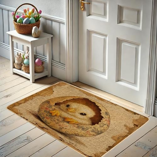 Cute Chick Hatching Doormat, Light Brown Chick Design for Spring & Easter Outdoor & Indoor Entrance Decor, Rubber Waterproof Non-Slip Dust Absorbent Front Mat, Easy to Clean 29x17 Inch