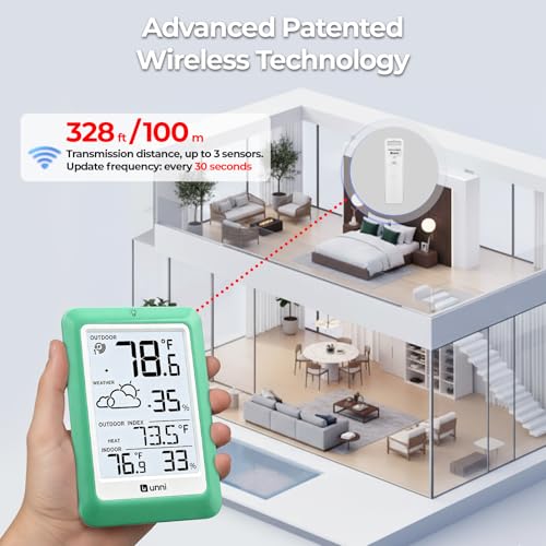 Indoor Outdoor Thermometer Wireless, Temperature Humidity Monitor Battery Powered Inside Outside Thermometers with 330ft Range Remote Sensor(Green) - color: Green