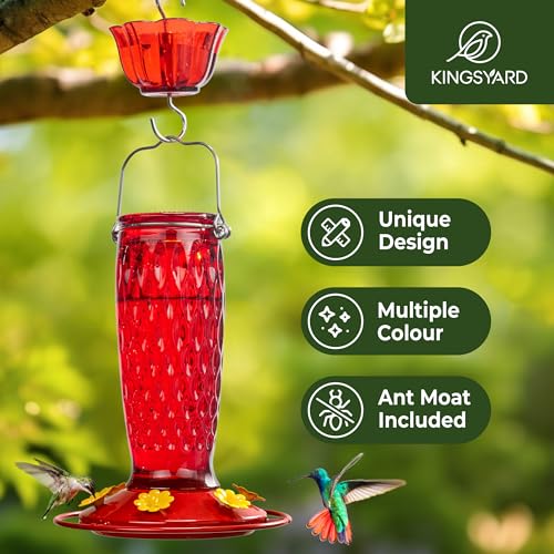 Kingsyard 2 Pack Glass Hummingbird Feeder for Outdoors with Ant Moat | 24 oz, Wide-Mouth Opening, 6 Metal Feeding Ports, Bee Guard, Easy to Clean & Refill Nectar, 360 Degree Perch, Red - color: Red