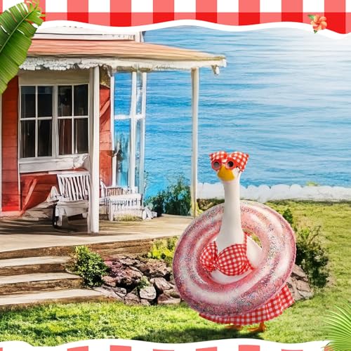 Bikini Porch Goose Outfits with Sunglasses and Swimming Tube for 23" Summer Goose Costume Garden Patio Statue Decor(Red Plaid) - style: Red Plaid