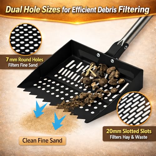 Chicken Poop Scooper & Rake 3-in-1, Adjustable Long Handle (32–63"), 12" Wide Dual-Mesh Sifting Shovel + Mini Fine-Mesh Sifter Scoop, Stainless Steel Coop Litter Scoop for Sand/Shavings/Pellets