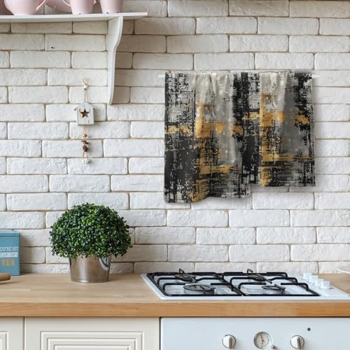 Black Gold Abstract Rust Gray Kitchen Towels Set - 2 Modern Minimalist Painting Bathroom Decorative Fingertip Towels for Farmhouse Cabin - color: Black Gold