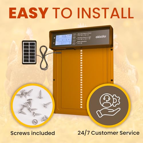 Okkobi Automatic Chicken Coop Door Solar Powered - Poultry Coop Door with Remote Control, Timer & Light Sensor - LCD Display - Anti-Pinch Function - 5-Year Protection - Brown | Weatherproof aluminium with anti-pinch protection, timer function and battery