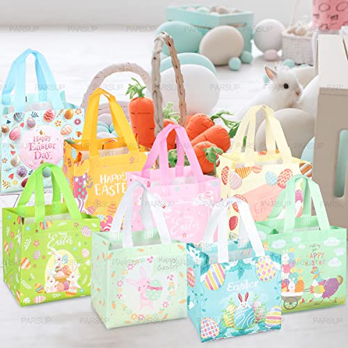 16PCS Happy Easter Egg Hunt Bags Easter Bunny Carrot Chick Egg Gift Bags with Handles, Easter Treat Bags, Easter Party Supplies , 8.3×7.9×5.9inch - color: Pink Green Orange Blue