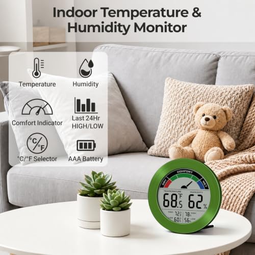 Digital Hygrometer Indoor Thermometer, Brushed Metal Frame, Green | Large round display, clear digits, accurate readings, comfort gauge, humidity meter, room temperature and humidity monitor - color: Green Stainless