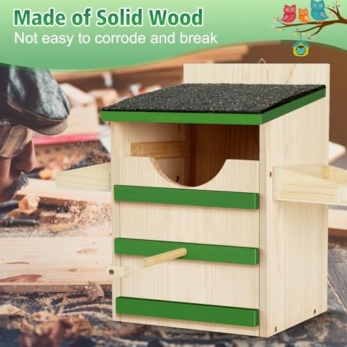 Owl House, Screech Wooden Owl Nesting Box, Weatherproof Design with Bird Stand, Large Opening, Mounting Screws, and Wood Shavings for Outside Backyard