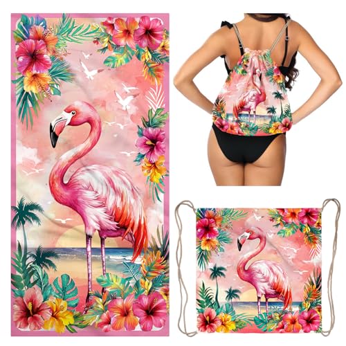 Summer Pink Beach Towel Backpack Bird Printed Drawstring Bag for Women Holiday Travel Picnic - color: Lovely Pink Bird
