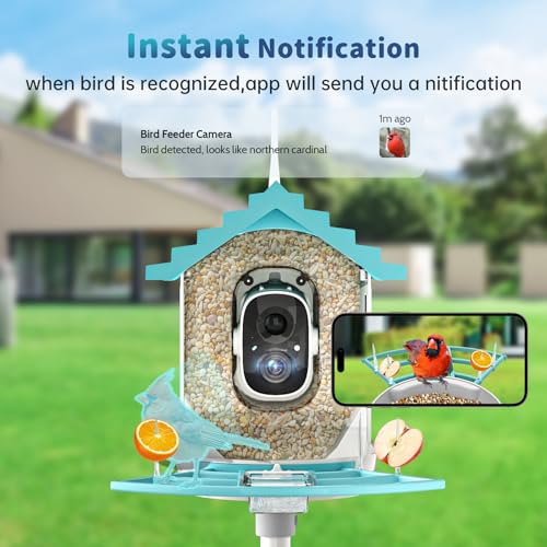 Smart Bird Feeder with Camera Solar Powered & AI Bi rd Identification, 2.4Ghz WiFi Bird feeders for Outdoors, 2K Live Video, Instant Arrival Alerts - Blue - color: Blue