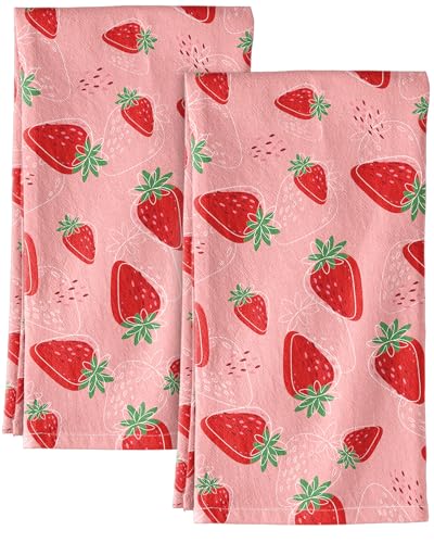 150GSM Flour Sack Kitchen Towels Set of 2, Line Strawberry | 18"x26", Lightweight, Lint-Free, Pure Cotton, Decorative, with Hanging Loop, Absorbent, Softer after Wash, Giftable Package - color: Line Strawberry