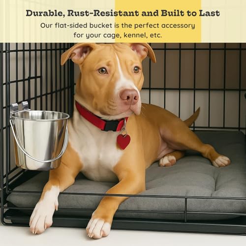 4 Quart Stainless Steel Flat Sided Bucket with Dual Hooks | 1 gal Durable Food & Water Bowl for XL Dogs, Cats, Goat & Livestock | Fits kennel Cage Critter Crate | Hanging Utility Pet Pail - size: 4 Quart