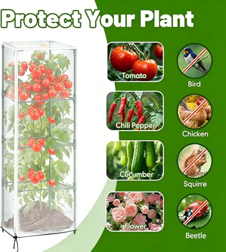 2 Pcs Garden Bird Netting Plant Cover for Square Tomato Cage,59" x 15.8"x 15.8" Tomato Cage Garden Net Cover with Zipper Drawstring, Tomato Trellis Insect Bird Barrier Protection Mesh for Plant