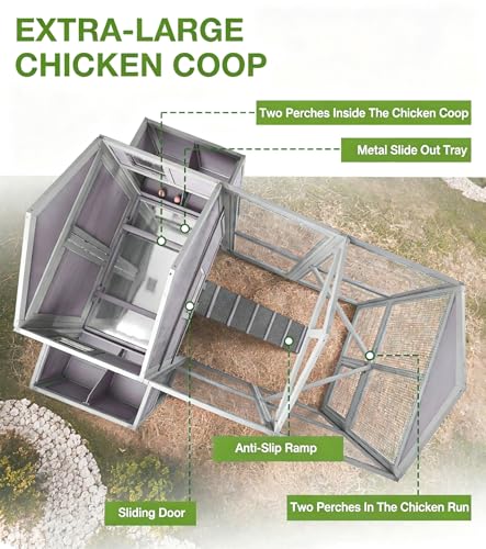 GUTINNEEN Extra Large Chicken Coop with Run Walk in Chicken House with 2 Large Nesting Boxes Sturdy Iron Angle Brackets 76" L Grey - size: 75.7"L x 65.7"W x 59.1"H