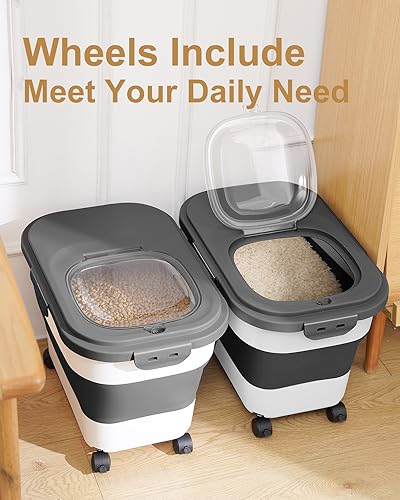 20-30 Lbs Rice Storage Container,Collapsible Food Storage Container | Flour Storage Container with Wheels Airtight Locking Lid,Rice Container Double Seal,Keep Fresh for Pet Food,Rice,Flour - color: Black/20-30LBS