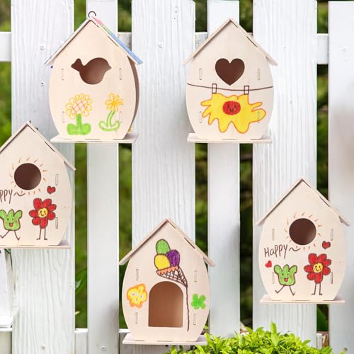 Outus 12 Pcs 5 × 7 Inch DIY Wooden Birdhouse Kit for Kids, Art Painting Bird House Craft Kit Unfinished Bird House Craft for Easter, Kids with Butterfly Sticker Gift 4 Shapes Summer Arts (Exquisite) - style: Exquisite