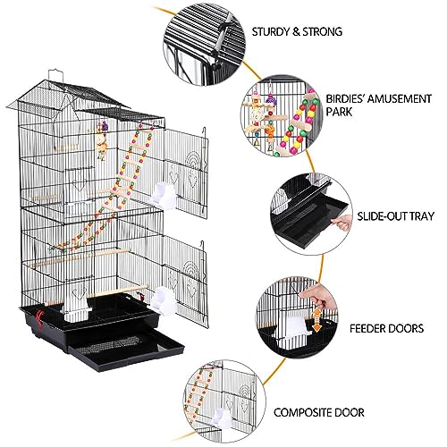 Yaheetech 39" Roof Top Flight Cage with Toys, Wrought Iron Bird Cage for Cockatiels, Conures, Lovebirds, Budgies & Small Birds - color: Black