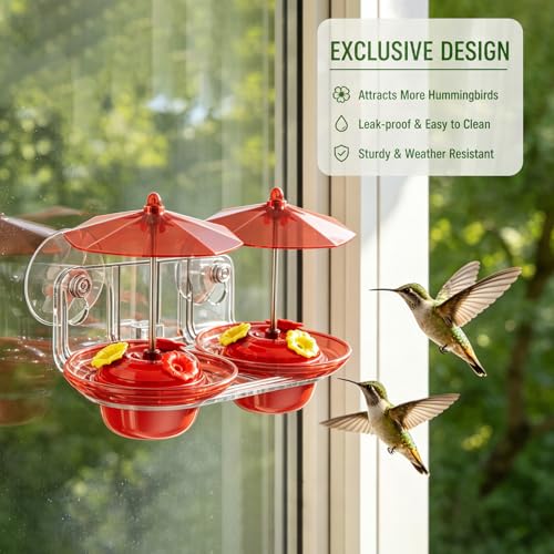 Window Hummingbird Feeder with Strong Suction Cups, Small Hummingbird Feeder for Window with Ant Moat, Bee-Proof Feeding Ports & Sun Shades, Easy to Refill and Clean for Up-Close Viewing Bird
