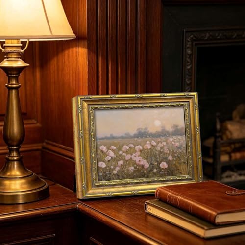DR.RiftArt Vintage Flower Pink Landscape Wall Art Floral Wall Decor | Pastel Wildflower Rustic Farmhouse Canvas Picture Painting Print for Bedroom Living Room Office 9x11 inch Gold Framed - color: Pink Wildflower, size: 11"L x 9"W
