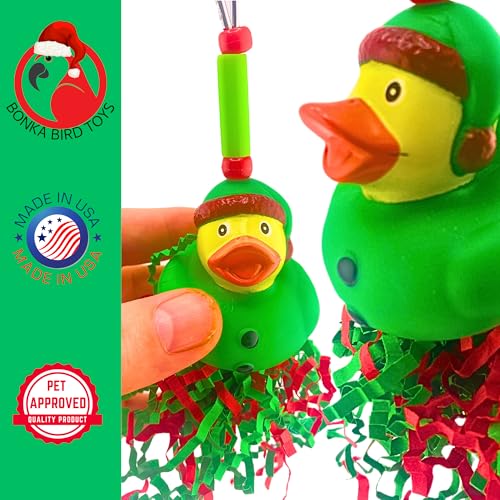 Bonka Bird Toys 2726 Christmas Elf Duck 7" x 4" Crinkle Paper and Vine Holiday Foraging Toy for Small to Medium Birds Cage Hanging Lovebirds, Conures, Parakeets, and Similar